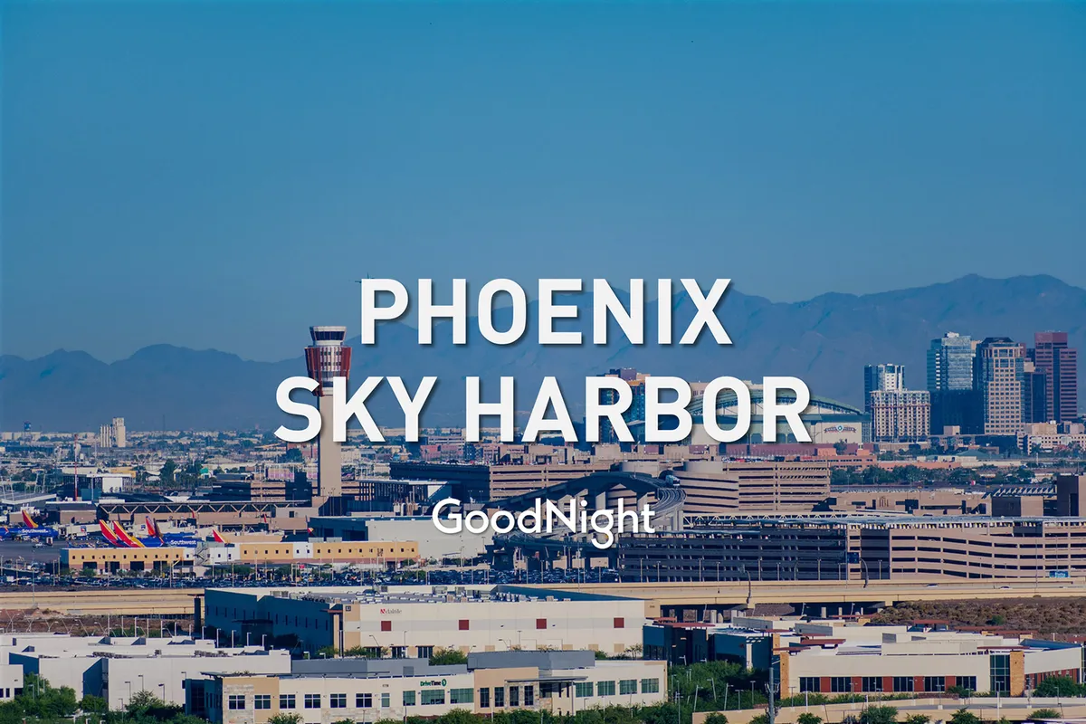 An elevated view showing Phoenix Sky Harbor Airport, Downtown Phoenix’s skyline, and surrounding mountains. This image highlights major transport connections and the energy of city life, positioning the property as highly accessible for business travelers.